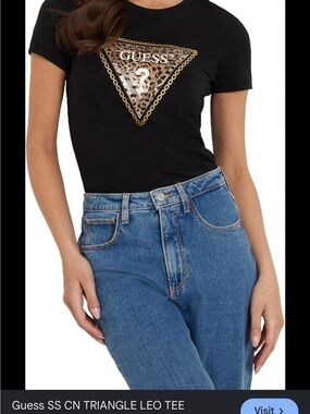 Guess Black Tee with Leopard Triangle Logo and Stud Accents